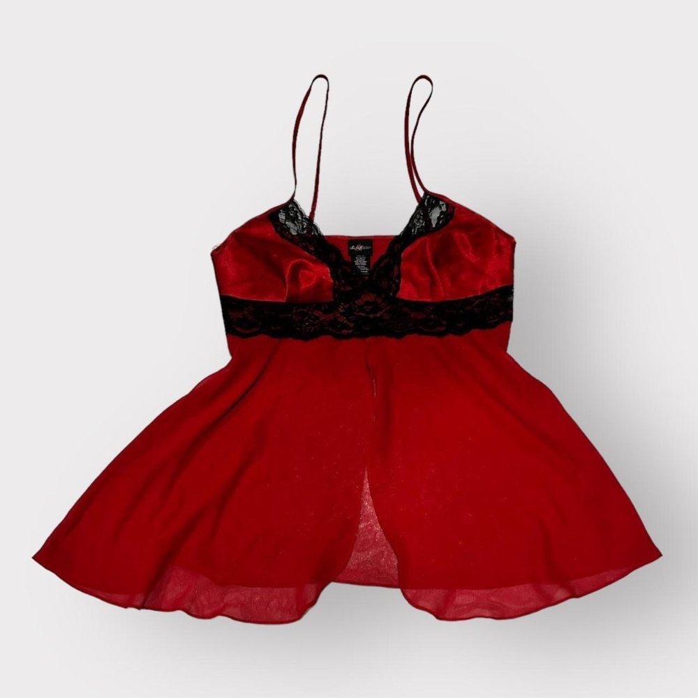 Vintage Y2K rockstar gf sexy red sheer/satin top with black lace accents